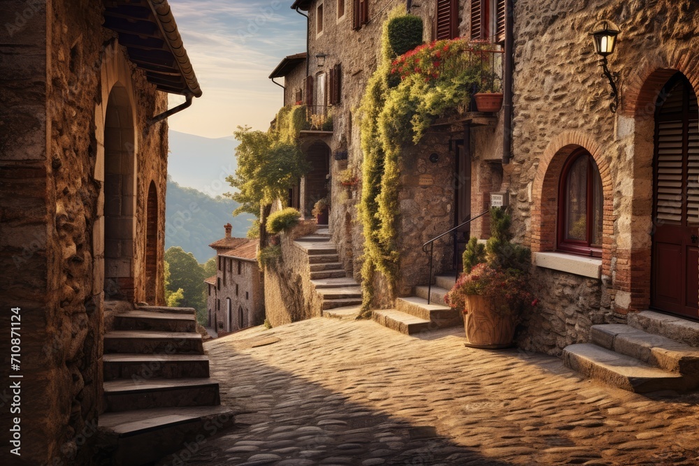 A picturesque cobblestone street with steps leading up to a beautiful building in a charming city, An old, winding, cobblestone street in a small Italian town, AI Generated