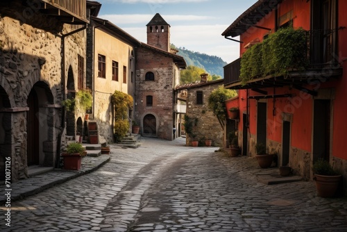 A mesmerizing view of a quaint cobblestone street with a captivating clock tower standing tall in the distance, An old, winding, cobblestone street in a small Italian town, AI Generated © Iftikhar alam