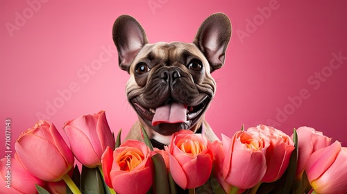 Charming dog with tulip bouquet in teeth on a pink backdrop-perfect for spring celebrations!