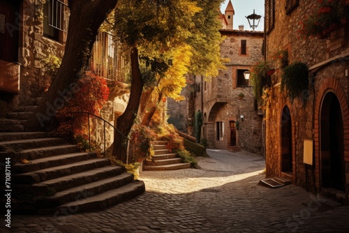 Fototapeta Naklejka Na Ścianę i Meble -  A scenic cobblestone street with steps that ascend to a magnificent tree, An old, winding, cobblestone street in a small Italian town, AI Generated