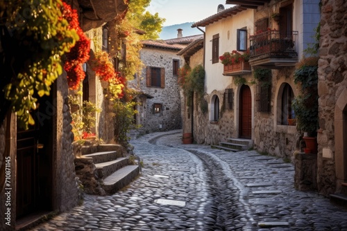 A picturesque scene of a serene small village with a charming cobblestone street  An old  winding  cobblestone street in a small Italian town  AI Generated
