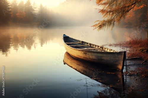 Fototapete A lone canoe rests on the sandy shore, framed by a serene lake and a tranquil ba