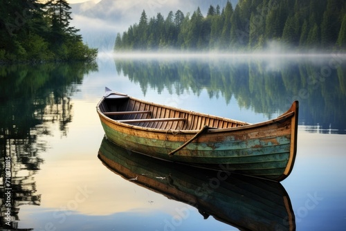 A small boat peacefully floats atop the glassy surface of a quiet lake, surrounded by a serene, picturesque landscape, An old wooden canoe on the glassy surface of a quiet lake, AI Generated