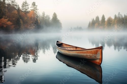 A boat peacefully floats on the surface of a beautiful lake, surrounded by a lush forest, An old wooden canoe on the glassy surface of a quiet lake, AI Generated
