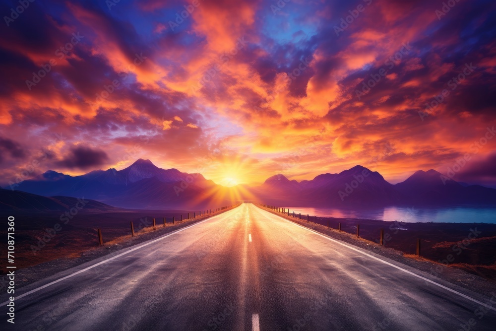 A stunning image of a long road disappearing into the sunset, creating a captivating and serene scene, An open road that disappears into a stunningly beautiful sunrise, AI Generated