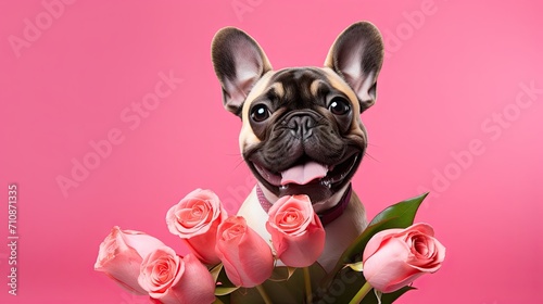 Charming dog with tulip bouquet in teeth on a pink backdrop-perfect for spring celebrations! © pvl0707