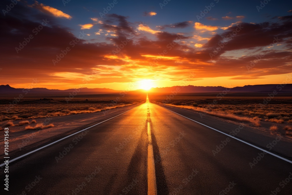 Sun Setting Over Remote Road in Vast Expanse of Nature, An open road that disappears into a stunningly beautiful sunrise, AI Generated