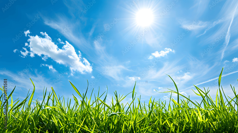 Fototapeta premium Fresh spring grass and blue sky background