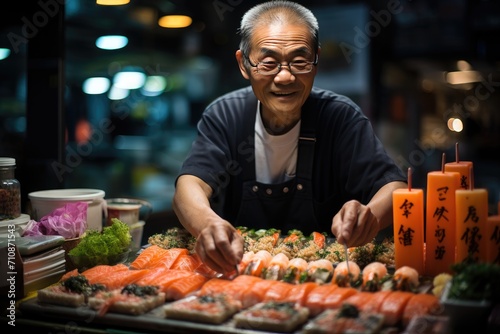 Traveler explores colorful sushi market in Tokyo., generative IA