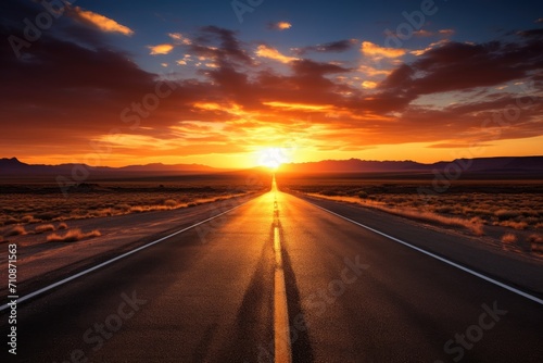Sun Setting Over Remote Road in Vast Expanse of Nature, An open road that disappears into a stunningly beautiful sunrise, AI Generated