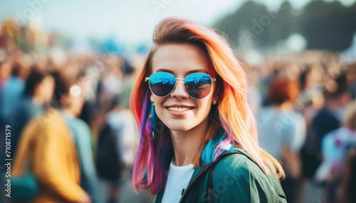  festival party young adult woman with colorful dyed hair and sunglasses in a crowd of people