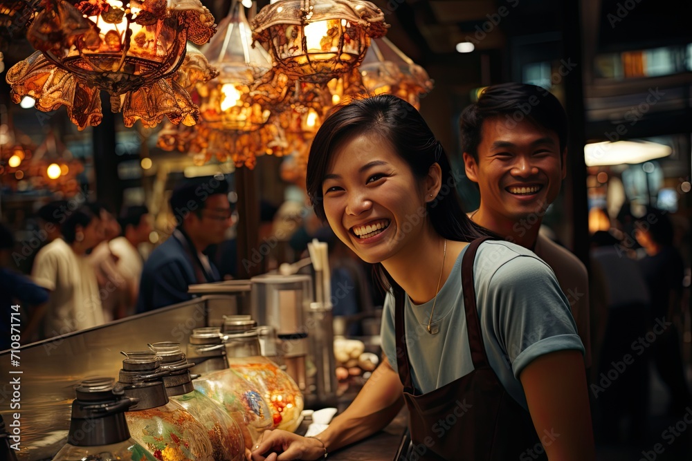 Smiling colleagues celebrate at the Sushi restaurant., generative IA