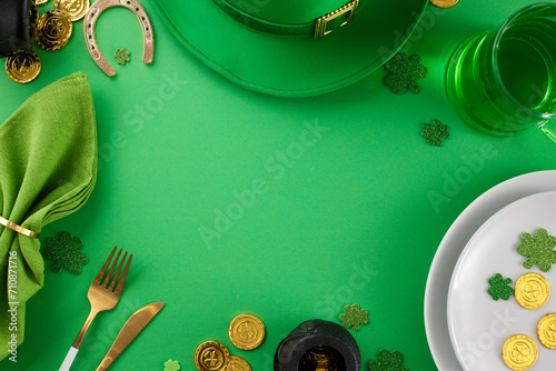 Irish-themed table setting. Top view shot of plates, cutlery, napkin, green beer, leprechaun hat, festive decor on green background with well-wishing space