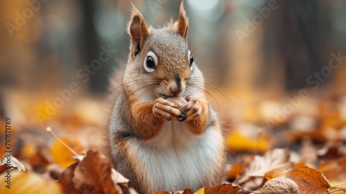 Squirrel eating a walnut in a forest, cute squirrel © Nico