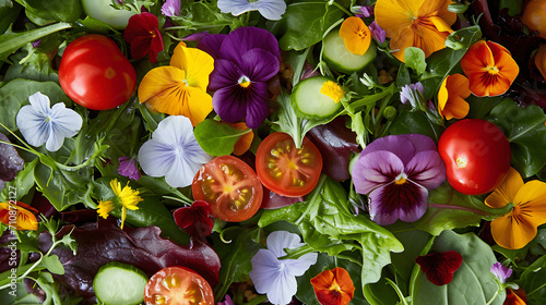 Spring salad with seasonal vegetables and edible flowers photo