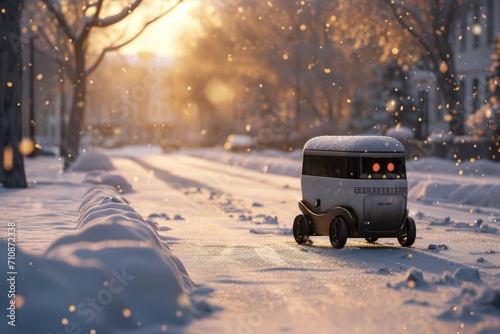 Delivery robot driving along a snowy road in winter photo