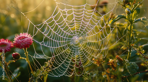 Morning dew on spider web among spring plants