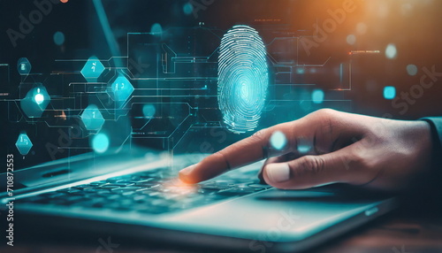  Future technology and cybernetics, fingerprint scanning biometric authentication, cybersecurity and fingerprint passwords.E-kyc technology against digital cyber crime 