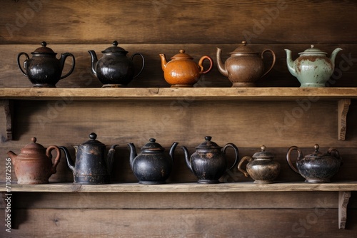 A shelf filled with numerous pots of various sizes, shapes, and materials, Antique teapots arranged on a rustic kitchen shelf, AI Generated
