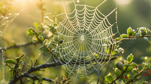 Morning dew on spider web among spring plants
