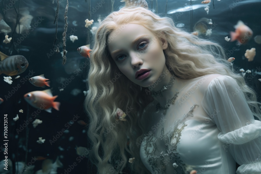 A woman stands in front of a fish tank filled with colorful fish swimming gracefully, An underwater scene with mermaid-inspired fashion, AI Generated