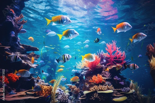 Immerse yourself in a stunning display of aquatic life as a large aquarium bursts with a plethora of brilliant and captivating fish, An underwater scene with a school of colorful fishes, AI Generated