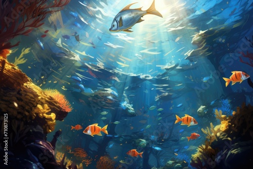 A captivating painting depicting a fish gracefully swimming in the vastness of the ocean, An underwater scene with a school of colorful fishes, AI Generated © Iftikhar alam
