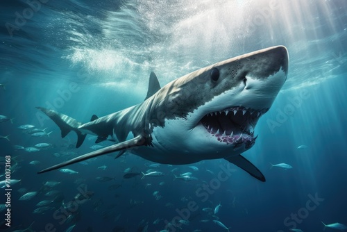 A powerful great white shark gracefully glides through the vast blue waters of the ocean, An underwater view of a great white shark, AI Generated