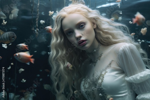 A woman stands in front of a fish tank filled with colorful fish swimming gracefully, An underwater scene with mermaid-inspired fashion, AI Generated