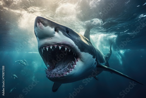A terrifying shark lurks in the water  with its mouth wide open  ready to strike  An underwater view of a great white shark  AI Generated