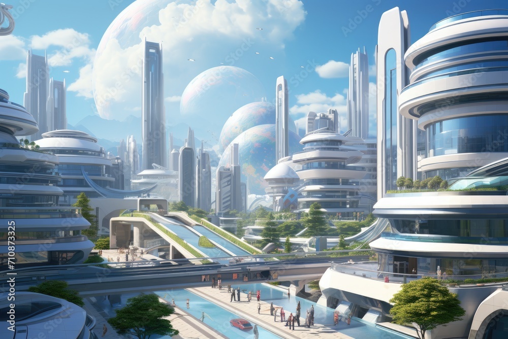 A bustling urban landscape of a technologically advanced city filled with impressive high-rise buildings, An urban landscape with futuristic smart buildings, AI Generated