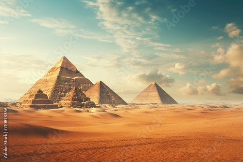 An image featuring three pyramids standing majestically in the desert against a stunning sky backdrop  Ancient pyramids of Giza with a backdrop of the desert  AI Generated