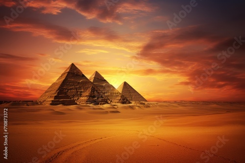 A stunning image of three pyramids standing tall in the desert against a breathtaking sunset backdrop  Ancient pyramids of Giza with a backdrop of the desert  AI Generated