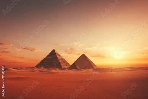 A stunning view of two pyramids standing tall in the desert, surrounded by the warm colors of a beautiful sunset, Ancient pyramids of Giza with a backdrop of the desert, AI Generated