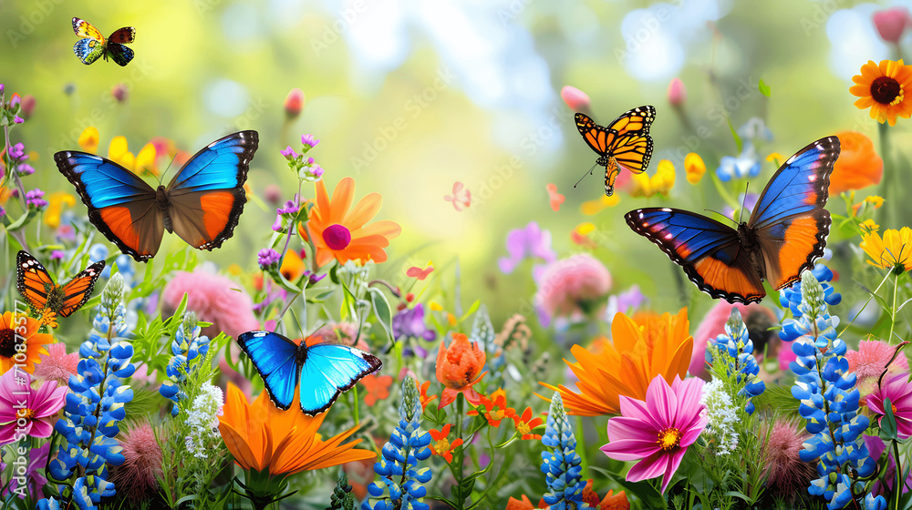 Fototapeta premium Springtime garden with flowers and butterflies