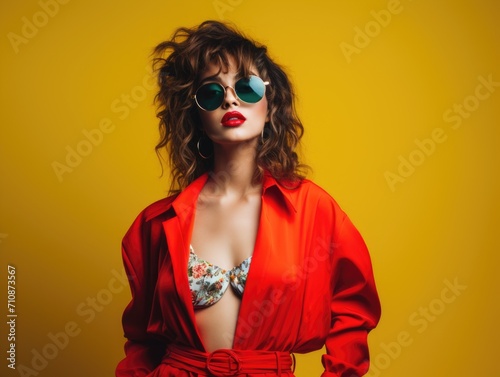 Beautiful young girl in colorful clothes wearing sunglass