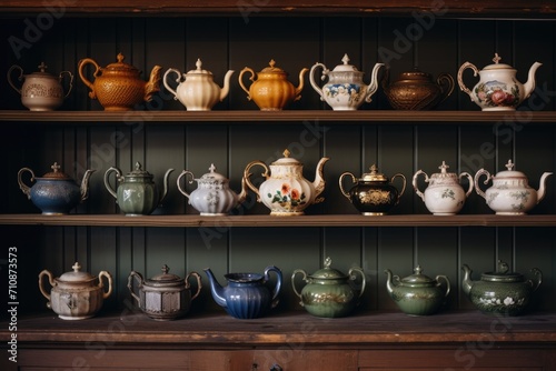 A colorful assortment of teapots in various shapes, sizes, and designs displayed on a shelf, Antique teapots arranged on a rustic kitchen shelf, AI Generated photo