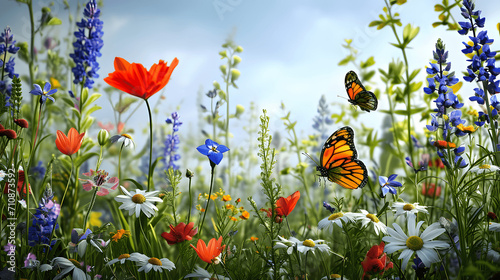 Springtime garden with flowers and butterflies photo