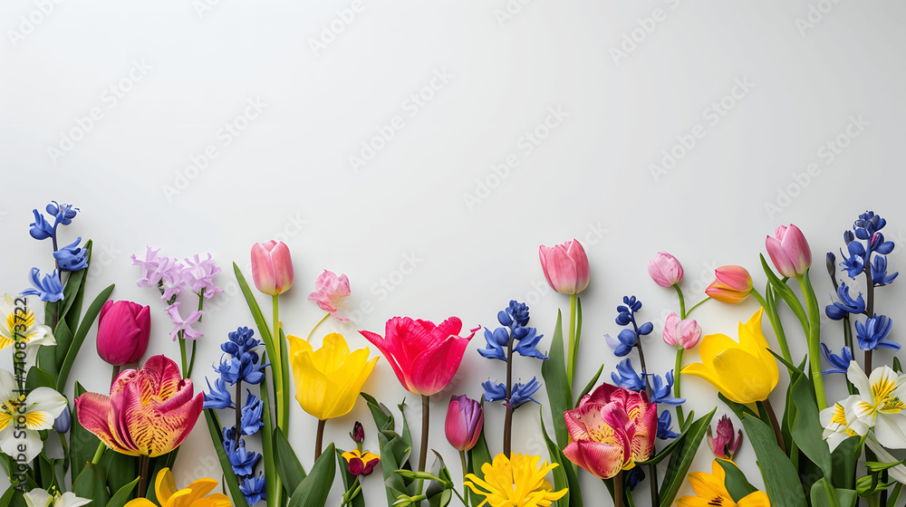 Spring flowers on white background with text space
