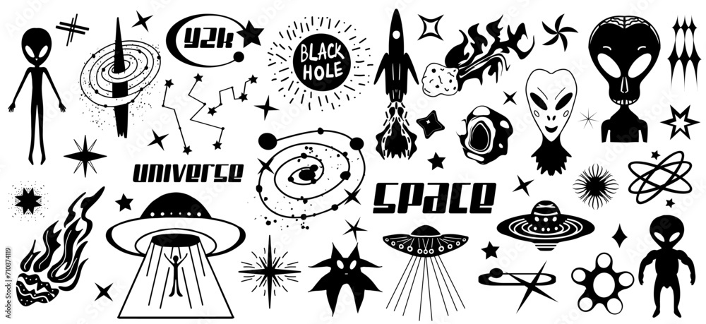 Sci-fi icons set. Ufo, space, universe, future. Flying saucer, Alien symbol, stars, comets. Black silhouettes, tattoo style print for T-shirts, logo element. Vector Illustration Sci-fi icons set. Ufo, space, universe, future. Flying saucer, Alien symbol, stars, comets. Black silhouettes, tattoo style print for T-shirts, logo element. Vector Illustration