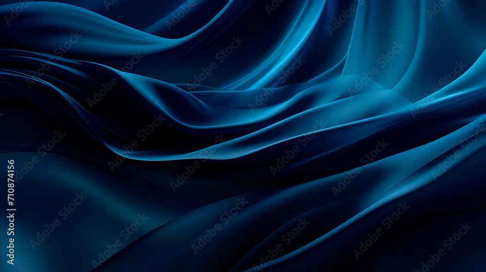 Trendy dark blue abstract background with floating blue fabric wave. Silk satin. Shiny fabric elegant luxury background. Liquid wave effect.