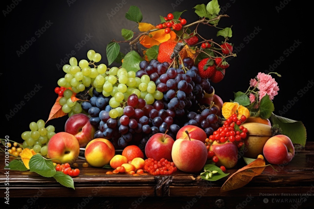 An exquisite painting showcasing a variety of vibrant fruits and blooming flowers arranged on a table, Arrangement of organic fruit in a classic still-life style, AI Generated An exquisite painting showcasing a variety of vibrant fruits and blooming flowers arranged on a table, Arrangement of organic fruit in a classic still-life style, AI Generated