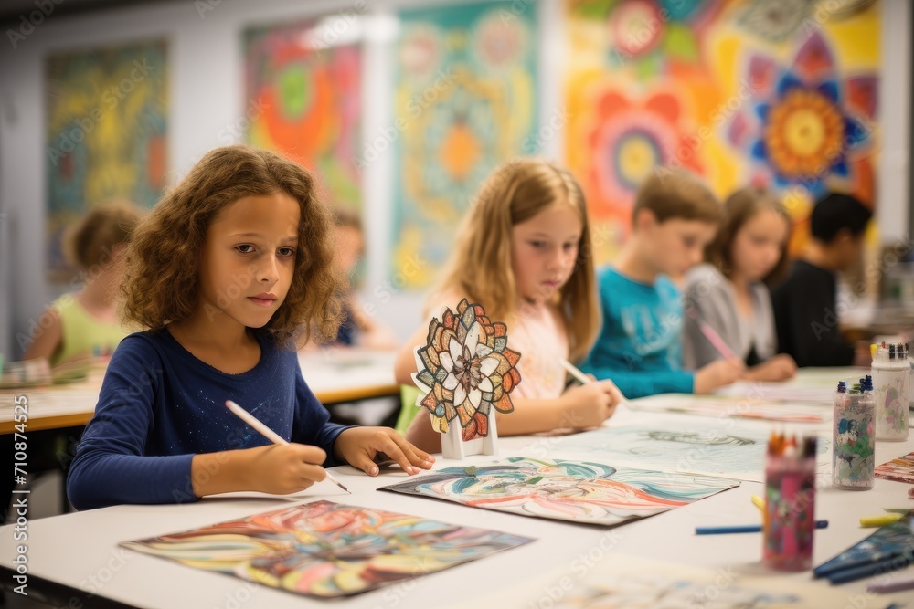 Fototapeta premium A diverse group of kids engaged in activities while sitting together at a table, Art class in session with children fully engaged in their creativity, AI Generated