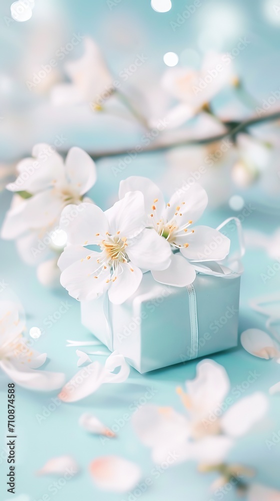 spring pastel colors banner on blue, gift box with pink ribbon among flowers, cherry blossoms, mothers day, valentines day and spring sales, copyspase for text. spring pastel colors banner on blue, gift box with pink ribbon among flowers, cherry blossoms, mothers day, valentines day and spring sales, copyspase for text.