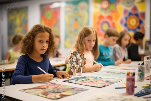 A diverse group of kids engaged in activities while sitting together at a table, Art class in session with children fully engaged in their creativity, AI Generated