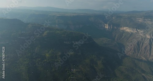 Aerial view of Rio Umpala, a river crossing the canyon across the mountain range in Jordan, Santander, Colombia. photo