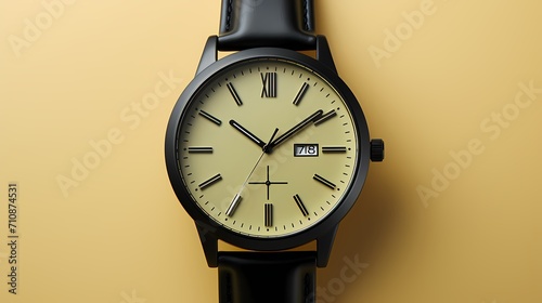Sleek black wristwatch standing out against a pale yellow background