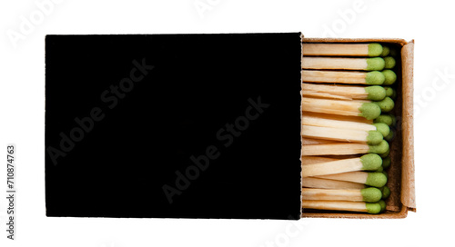 Open black box with matches on a white background.Fire. Fire. Safety. Match isolate with green sulfur photo