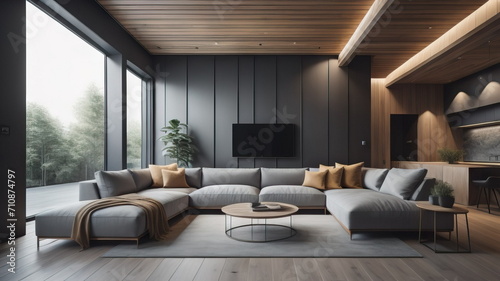  Interior design of living room with gray sofa over black stucco wall with wooden panelling © Marko