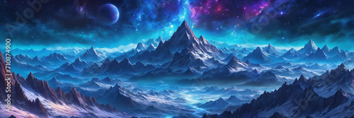An abstract alien landscape with blue mountains, starry sky, and aurora over mountainous horizon